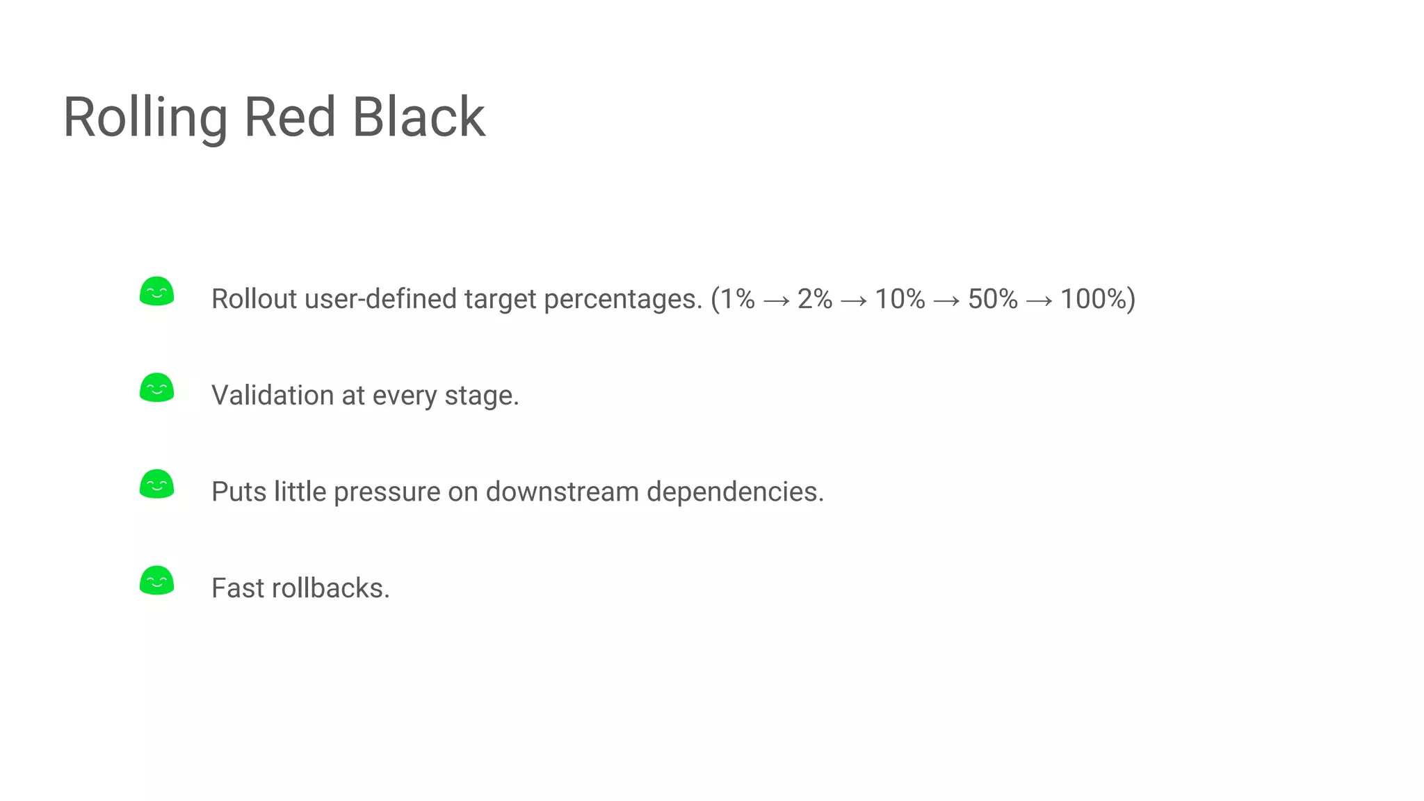 Rolling Red Black
Rollout user-defined target percentages. (1% → 2% → 10% → 50% → 100%)
Validation at every stage.
Puts little pressure on downstream dependencies.
Fast rollbacks.
 
