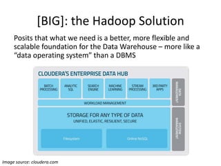 [BIG]: the Hadoop Solution
Posits that what we need is a better, more flexible and
scalable foundation for the Data Warehouse – more like a
“data operating system” than a DBMS
Image source: cloudera.com
 