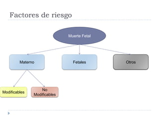 Factores de riesgo
Muerte Fetal
Materno Fetales Otros
Modificables
No
Modificables
 
