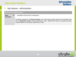 Information Builders
122
Security & Administration
Roles of
user/group
• Possibility to setup roles for users/groups
As already mentioned in the Security section, one of the levels on which security can be applied is the
level of Application Access, where administrators, within WebFOCUS Portal can manage and define
accesses based on user groups, departments or roles.
Key Features - Administration
Information Builders
 