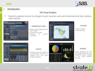 Introduction
PREPARATION OF DATA
• Monitors the Analytical Server
SAS®
LASR™
• Load and joins data
• Creation of columns
calculated
EXPLORER
• Ad hoc analysis
• Data discovery
DESIGNS
• Creates pictures of controls to
be visualised in the web or in
mobiles from the Visual
Analytics Designer
BI MOBILE
• Native application for iOS
and Android that offers the
interactive reports created
in the Visual Analytics
Designer
SAS Visual Analytics
Powerful analytical solution for all types of users: business users with limited technical skills, statistics,
data scientists ..
131
SAS
 