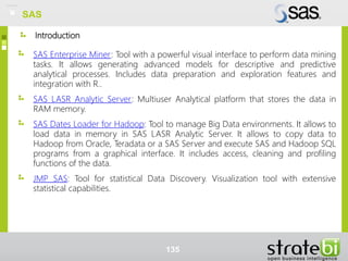 Introduction
SAS Enterprise Miner: Tool with a powerful visual interface to perform data mining
tasks. It allows generating advanced models for descriptive and predictive
analytical processes. Includes data preparation and exploration features and
integration with R..
SAS LASR Analytic Server: Multiuser Analytical platform that stores the data in
RAM memory.
SAS Dates Loader for Hadoop: Tool to manage Big Data environments. It allows to
load data in memory in SAS LASR Analytic Server. It allows to copy data to
Hadoop from Oracle, Teradata or a SAS Server and execute SAS and Hadoop SQL
programs from a graphical interface. It includes access, cleaning and profiling
functions of the data.
JMP SAS: Tool for statistical Data Discovery. Visualization tool with extensive
statistical capabilities.
135
SAS
 