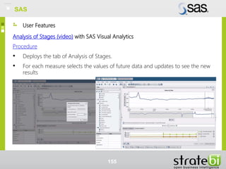 User Features
Analysis of Stages (video) with SAS Visual Analytics
Procedure
• Deploys the tab of Analysis of Stages.
• For each measure selects the values of future data and updates to see the new
results
155
SAS
 
