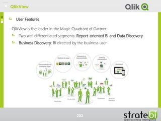User Features
QlikView
QlikView is the leader in the Magic Quadrant of Gartner
Two well differentiated segments: Report-oriented BI and Data Discovery
Business Discovery: BI directed by the business user
202
QlikView
 