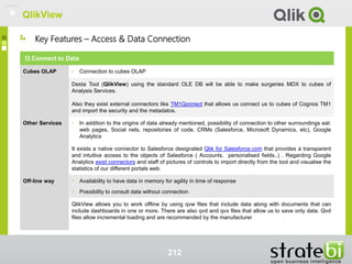 QlikView
212
Key Features – Access & Data Connection
Connect to Data
Cubes OLAP • Connection to cubes OLAP
Desta Tool (QlikView) using the standard OLE DB will be able to make surgeries MDX to cubes of
Analysis Services.
Also they exist external connectors like TM1Qonnect that allows us connect us to cubes of Cognos TM1
and import the security and the metadatos.
Other Services • In addition to the origins of data already mentioned, possibility of connection to other surroundings eat:
web pages, Social nets, repositories of code, CRMs (Salesforce, Microsoft Dynamics, etc), Google
Analytics
It exists a native connector to Salesforce designated Qlik for Salesforce.com that provides a transparent
and intuitive access to the objects of Salesforce ( Accounts, personalised fields..) . Regarding Google
Analytics exist connectors and staff of pictures of controls to import directly from the tool and visualise the
statistics of our different portals web.
Off-line way • Availability to have data in memory for agility in time of response
• Possibility to consult data without connection
QlikView allows you to work offline by using qvw files that include data along with documents that can
include dashboards in one or more. There are also qvd and qvx files that allow us to save only data. Qvd
files allow incremental loading and are recommended by the manufacturer
QlikView
 