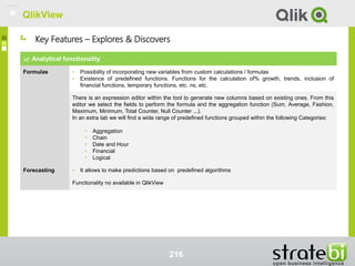 QlikView
216
Analytical functionality
Formulas • Possibility of incorporating new variables from custom calculations / formulas
• Existence of predefined functions. Functions for the calculation of% growth, trends, inclusion of
financial functions, temporary functions, etc. ns, etc.
There is an expression editor within the tool to generate new columns based on existing ones. From this
editor we select the fields to perform the formula and the aggregation function (Sum, Average, Fashion,
Maximum, Minimum, Total Counter, Null Counter ...).
In an extra tab we will find a wide range of predefined functions grouped within the following Categories:
• Aggregation
• Chain
• Date and Hour
• Financial
• Logical
Forecasting • It allows to make predictions based on predefined algorithms
Functionality no available in QlikView
Key Features – Explores & Discovers
QlikView
 