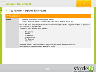 Amazon QuickSightAmazon QuickSight
248
Visualisations
Charts • Possibility of formatting / configuring the graphics
• Types of advanced graphics: bubbles, heat maps, Gantt, waterfall, funnel, etc.
One of the most interesting features of Amazon QuickSight is that it suggests the type of graphic we
should choose for our input data.
QuickSight has a reduced set of graphics:
• Bar graphic
• Boards
• Scatter plot
• Lines graphics
• Pie Graphics
• Heat maps
Within the graphics the possibilities of configuration and format are limited. Amazon
QuickSight does not have maps or waterfall or funnel
Key Features – Explores & Discovers
 