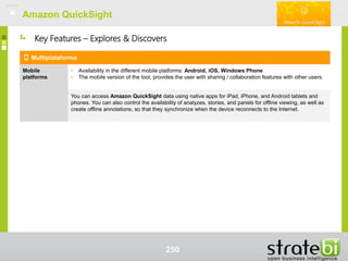 Amazon QuickSightAmazon QuickSight
250
Multiplataforma
Mobile
platforms
• Availability in the different mobile platforms: Android, iOS, Windows Phone
• The mobile version of the tool, provides the user with sharing / collaboration features with other users.
You can access Amazon QuickSight data using native apps for iPad, iPhone, and Android tablets and
phones. You can also control the availability of analyzes, stories, and panels for offline viewing, as well as
create offline annotations, so that they synchronize when the device reconnects to the Internet.
Key Features – Explores & Discovers
 
