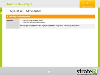 Amazon QuickSightAmazon QuickSight
251
Security & Administration
Security • Integration security via JDBC
• Integrationwith application server
QuickSight does not allow the deployment neither integration with any of these tools.
Key Features – Administration
 