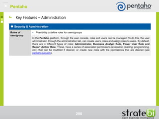 290
Security & Administration
Roles of
user/group
• Possibility to define roles for users/groups
In the Pentaho platform, through the user console, roles and users can be managed. To do this, the user
administrator, through the administration tab, can create users, roles and assign roles to users. By default,
there are 4 different types of roles: Administrator, Business Analyst Role, Power User Role and
Report Author Role. These, have a series of associated permissions (execution, reading, programming,
etc.) that can be modified if desired, or create new roles with the permissions that are desired (see
pentaho-security).
Key Features – Administration
Pentaho
 