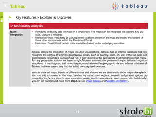TableauTableau
49
functionality Analytics
Maps
integration
• Possibility to display data on maps in a simple way. The maps can be integrated via:country, City, zip
code, latitude & longitude
• Interactivity map. Possibility of clicking on the locations shown on the map and modify the content of
these other components within the Dashboard/Panel
• Heatmaps. Possibility of certain color intensities based on the underlying securities.
Tableau allows the integration of maps into your visualizations. Tableau has an internal database that can
recognize the names of common geographical areas, such as country, state, city, etc. If the tool does not
automatically recognize a geographical role, it can become at the appropriate level from the context menu.
For any geographic column we have in sight,Tableau automatically generated torque: latitude, longitude
associated. It may happen, that no correspondence between the geographic role and internal database of
Tableau. In these cases, they may be edited unrecognized locations.
We can show on maps, brands or different sizes and shapes, we are able also to show maps choropleth.
You can add a browser to the map, besides the usual zoom options. several configuration options on
maps, like the layers show is also presented: costa, country boundaries, state names, etc. Additionally,
you can set background maps from MapBox (see maps-tableau and MapBox-integration).
Key Features - Explore & Discover
 