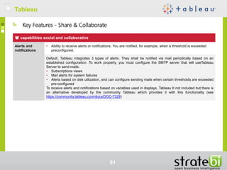 TableauTableau
51
capabilities social and collaborative
Alerts and
notifications
• Ability to receive alerts or notifications. You are notified, for example, when a threshold is exceeded
preconfigured.
Default, Tableau integrates 3 types of alerts. They shall be notified via mail periodically based on an
established configuration. To work properly, you must configure the SMTP server that will useTableau
Server to send mails.
• Subscriptions views
• Mail alerts for system failures
• Alerts based on disk utilization, and can configure sending mails when certain thresholds are exceeded
pre-configured
To receive alerts and notifications based on variables used in displays, Tableau It not included but there is
an alternative developed by the community Tableau which provides it with this functionality (see
https://community.tableau.com/docs/DOC-7329)
Key Features - Share & Collaborate
 