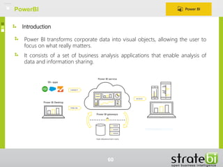 Introduction
Power BI transforms corporate data into visual objects, allowing the user to
focus on what really matters.
It consists of a set of business analysis applications that enable analysis of
data and information sharing.
PowerBI
60
 