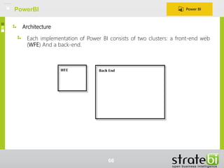 Architecture
Each implementation of Power BI consists of two clusters: a front-end web
(WFE) And a back-end.
PowerBI
66
 