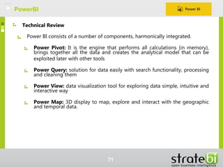 Power BI consists of a number of components, harmonically integrated.
Power Pivot: It is the engine that performs all calculations (in memory),
brings together all the data and creates the analytical model that can be
exploited later with other tools
Power Query: solution for data easily with search functionality, processing
and cleaning them
Power View: data visualization tool for exploring data simple, intuitive and
interactive way
Power Map: 3D display to map, explore and interact with the geographic
and temporal data.
Technical Review
PowerBI
71
 