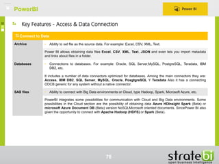 PowerBI
78
Key Features - Access & Data Connection
Connect to Data
Archive • Ability to set file as the source data. For example: Excel, CSV, XML, Text.
Power BI allows obtaining data files Excel, CSV, XML, Text, JSON and even lets you import metadata
and links about files in a folder.
Databases • Connections to databases. For example: Oracle, SQL Server,MySQL, PostgreSQL, Teradata, IBM
DB2, etc.
It includes a number of data connectors optimized for databases. Among the main connectors they are:
Access, IBM DB2, SQL Server, MySQL, Oracle, PosgtgreSQL Y Teradata Also it has a connecting
ODCB generic for any system without a native connector.
SAS files • Ability to connect with Big Data environments or Cloud, type Hadoop, Spark, Microsoft Azure, etc.
PowerBI integrates some possibilities for communication with Cloud and Big Data environments. Some
possibilities in the Cloud section are the possibility of obtaining data Azure HDInsight Spark (Beta) or
microsoft Azure Document DB (Beta) version NoSQLMicrosoft oriented documents. SincePower BI also
given the opportunity to connect with Apache Hadoop (HDFS) or Spark (Beta).
 