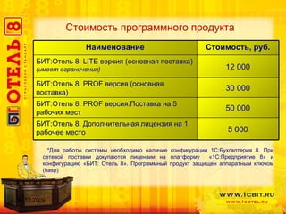 Стоимость программного продукта *Для работы системы необходимо наличие конфигурации 1С:Бухгалтерия 8. При сетевой поставки докупаются лицензии на платформу  «1С:Предприятие 8» и конфигурацию «БИТ: Отель 8». Программный продукт защищен аппаратным ключом ( hasp ) 14.12.2009 Наименование Стоимость, руб. БИТ : Отель 8.  LITE  версия   (основная поставка)  ( имеет ограничения) 12 000 БИТ : Отель 8.  PROF  версия (основная поставка) 30 000 БИТ : Отель 8.  PROF  версия.Поставка на 5 рабочих мест 50 000 БИТ : Отель 8. Дополнительная лицензия на 1 рабочее место 5 000 