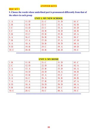 ANSWER KEYS
HỌC KỲ 1
I. Choose the words whose underlined part is pronounced differently from that of
the others in each group
UNIT 1. MY NEW SCHOOL
1. A 11. D 21. C 31. D 41. C
2. B 12. B 22. C 32. A 42. B
3. C 13. D 23. C 33. A 43. D
4. C 14. A 24. B 34. D 44. B
5. B 15. C 25. B 35. B 45. A
6. A 16. C 26. B 36. A 46. C
7. B 17. A 27. D 37. A 47. D
8. A 18. A 28. B 38. D 48. A
9. D 19. B 29. C 39. A 49. D
10. C 20. B 30. B 40. D 50. C
===================================================
UNIT 2: MY HOME
1. B 11. B 21. C 31. D 41. C
2. C 12. D 22. D 32. B 42. A
3. A 13. A 23. B 33. D 43. A
4. C 14. D 24. D 34. A 44. B
5. A 15. B 25. A 35. C 45. C
6. A 16. C 26. A 36. B 46. B
7. A 17. A 27. B 37. D 47. A
8. D 18. A 28. D 38. D 48. A
9. B 19. B 29. B 39. C 49. A
10. C 20. C 30. C 40. A 50. C
===================================================
10
 