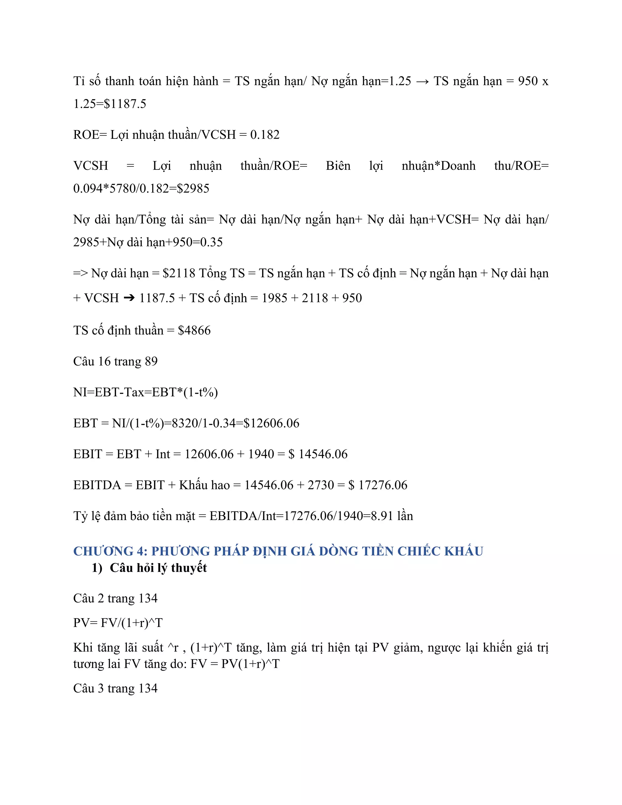 Tỉ số thanh toán hiện hành = TS ngắn hạn/ Nợ ngắn hạn=1.25 → TS ngắn hạn = 950 x
1.25=$1187.5
ROE= Lợi nhuận thuần/VCSH = 0.182
VCSH = Lợi nhuận thuần/ROE= Biên lợi nhuận*Doanh thu/ROE=
0.094*5780/0.182=$2985
Nợ dài hạn/Tổng tài sản= Nợ dài hạn/Nợ ngắn hạn+ Nợ dài hạn+VCSH= Nợ dài hạn/
2985+Nợ dài hạn+950=0.35
=> Nợ dài hạn = $2118 Tổng TS = TS ngắn hạn + TS cố định = Nợ ngắn hạn + Nợ dài hạn
+ VCSH ➔ 1187.5 + TS cố định = 1985 + 2118 + 950
TS cố định thuần = $4866
Câu 16 trang 89
NI=EBT-Tax=EBT*(1-t%)
EBT = NI/(1-t%)=8320/1-0.34=$12606.06
EBIT = EBT + Int = 12606.06 + 1940 = $ 14546.06
EBITDA = EBIT + Khấu hao = 14546.06 + 2730 = $ 17276.06
Tỷ lệ đảm bảo tiền mặt = EBITDA/Int=17276.06/1940=8.91 lần
CHƯƠNG 4: PHƯƠNG PHÁP ĐỊNH GIÁ DÒNG TIỀN CHIẾC KHẤU
1) Câu hỏi lý thuyết
Câu 2 trang 134
PV= FV/(1+r)^T
Khi tăng lãi suất ^r , (1+r)^T tăng, làm giá trị hiện tại PV giảm, ngược lại khiến giá trị
tương lai FV tăng do: FV = PV(1+r)^T
Câu 3 trang 134
 