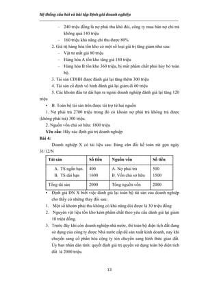 Hệ thống câu hỏi và bài tập Định giá doanh nghiệp
__________________________________________________________________________________________________
13
– 240 triệu đồng là nợ phải thu khó đòi, công ty mua bán nợ chi trả
không quá 140 triệu
– 160 triệu khả năng chỉ thu được 80%
2. Giá trị hàng hóa tồn kho có một số loại giá trị tăng giảm như sau:
– Vật tư mất giá 80 triệu
– Hàng hóa A tồn kho tăng giá 180 triệu
– Hàng hóa B tồn kho 360 triệu, bị mất phẩm chất phải hủy bỏ toàn
bộ.
3. Tài sản CĐHH được đánh giá lại tăng thêm 300 triệu
4. Tài sản cố định vô hình đánh giá lại giảm đi 60 triệu
5. Các khoản đầu tư dài hạn ra ngoài doanh nghiệp đánh giá lại tăng 120
triệu
• B. Toàn bộ tài sản trên được tài trợ từ hai nguồn
1. Nợ phải trả 2700 triệu trong đó có khoản nợ phải trả không trả được
(không phải trả) 300 triệu.
2. Nguồn vốn chủ sở hữu: 1800 triệu
Yêu cầu: Hãy xác định giá trị doanh nghiệp
Bài 4:
Doanh nghiệp X có tài liệu sau: Bảng cân đối kế toán rút gọn ngày
31/12/N
Tài sản Số tiền Nguồn vốn Số tiền
A. TS ngắn hạn.
B. TS dài hạn
400
1600
A. Nợ phải trả
B. Vốn chủ sở hữu
500
1500
Tổng tài sản 2000 Tổng nguồn vốn 2000
• Định giá DN X biết việc đánh giá lại toàn bộ tài sản của doanh nghiệp
cho thấy có những thay đổi sau:
1. Một số khoản phải thu không có khả năng đòi được là 30 triệu đồng
2. Nguyên vật liệu tồn kho kém phẩm chất theo yêu cầu dánh giá lại giảm
10 triệu đồng.
3. Trước đây khi còn doanh nghiệp nhà nước, thì toàn bộ diện tích đất đang
sử dụng của công ty được Nhà nước cấp để sản xuất kinh doanh, nay khi
chuyển sang cổ phần hóa công ty xin chuyển sang hình thức giao đất.
Ủy ban nhân dân tỉnh quyết định giá trị quyền sử dụng toàn bộ diện tích
đất là 2000 triệu.
 