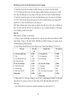 Hệ thống câu hỏi và bài tập Định giá doanh nghiệp
__________________________________________________________________________________________________
26
4. Tính hệ số giá trên thu nhập cổ phần thường của công ty vào thời điểm
31/12/N. Nếu cho hệ số giá trên thu nhập cổ phần thường của công ty so sánh
là 6, hãy xác định giá trị của công ty trên góc độ chủ sở hữu cổ phần thường?
5. Tính hệ số giá trên giá trị sổ sách cổ phần thường của của công ty thời điểm
31/12/N. Nếu cho hệ số giá trên giá trị sổ sách cổ phần thường của trung bình
ngành là 1,2, hãy xác định giá trị của công ty.?
Biết rằng: những năm trước công ty thanh toán đầy đủ cổ tức cho cổ đông ưu
đãi. Tỷ suất sinh lời đòi hỏi của nhà đầu tư vào cổ phần thường là 10%/năm,
vào cổ phần ưu đãi là 9%/năm.
Bài 10:
Một công ty cổ phần có tình hình:
1. Công ty được thành lập vào đầu năm N, cần tạo vốn điều lệ ban đầu là 4.000
triệu đồng. Công ty đã phát hành 400.000 cổ phiếu thường với mệnh giá là
10.000 đồng/cổ phiếu thường.
2. Trích bảng cân đối kế toán của công ty sau 3 năm hoạt động (31/12/N+3):
Tài sản Số cuối
kỳ
Nguồn vốn Số cuối kỳ
A. Tài sản ngắn hạn
I. Tiền
II. Các khoản phải thu
III. Hàng tồn kho
B. Tài sản dài hạn
I. TSCĐ hữu hình
1. Nguyên giá
2. Hao mòn lũy kế
Tổng cộng
5.200
700
1.500
3.000
4.300
4.300
4.600
(300)
9.500
A. Nợ phải trả
I. Nợ ngắn hạn
II. Nợ dài hạn
B. Vốn chủ sở hữu
I. Vốn góp
II. Các quỹ
III. Lợi nhuận chưa phân
phối
Tổng cộng
4.500
3.000
1.500
5.000
4.000
400
600
9.500
3. Năm thứ N+3 vừa qua, công ty trả cổ tức 1.800 đồng/cổ phiếu và bắt đầu
năm thứ N+4, công ty sẽ duy trì mức tăng cổ tức đều đặn hằng năm là 6%.
Yêu cầu:
1. Xác định giá trị sổ sách của cổ phiếu thường vào cuối năm N+3?
 