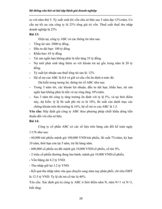 Hệ thống câu hỏi và bài tập Định giá doanh nghiệp
__________________________________________________________________________________________________
28
so với năm thứ 5. Tỷ suất sinh lời vốn chủ sở hữu sau 5 năm đạt 12%/năm. Cơ
cấu nợ tối ưu của công ty là 25% tổng giá trị vốn. Thuế suất thuế thu nhập
doanh nghiệp là 25%
Bài 13:
Hiện tại, công ty ABC có các thông tin như sau:
- Tổng tài sản: 2000 tỷ đồng.
- Đầu tư dài hạn: 100 tỷ đồng
- Khấu hao: 65 tỷ đồng
- Tài sản ngắn hạn không phải là tiền tăng 35 tỷ đồng.
- Nợ mới phát sinh tăng thêm so với khoản trả nợ gốc trong năm là 20 tỷ
đồng.
- Tỷ suất lợi nhuận sau thuế tổng tài sản là: 12%
- Hệ số nợ của ABC là 0,4 và giữ cơ cấu vốn ổn định ở mức đó.
Dự kiến trong tương lai, thông tin về ABC như sau:
- Trong 3 năm tới, các khoản lợi nhuận, đầu tư dài hạn, khấu hao, tài sản
ngắn hạn không phải là tiền và nợ ròng tăng 10%/năm.
- Sau 3 năm thì công ty tăng trưởng ổn định với tỷ lệ 5%, và tại thời điểm
này, dự kiến: tỷ lệ lãi suất phi rủi ro là 10%, lãi suất của danh mục các
chứng khoán trên thị trường là 16%, hệ số rủi ro của ABC là 1,5.
Yêu cầu: Hãy định giá công ty ABC theo phương pháp chiết khấu dòng tiền
thuần đối với chủ sở hữu.
Bài 14:
Công ty cổ phần ABC có các số liệu trên bảng cân đối kế toán ngày
1/1/N như sau:
- 60,000 trái phiếu mệnh giá 100,000 VND/trái phiếu, lãi suất 7%/năm, kỳ hạn
10 năm, thời hạn còn lại 5 năm, trả lãi hàng năm.
- 600,000 cổ phiếu ưu đãi mệnh giá 10,000 VND/cổ phiếu, cổ tức 8%.
- 2 triệu cổ phiếu thường đang lưu hành, mệnh giá 10,000 VND/cổ phiếu.
- Vốn thặng dư 4.2 tỷ VND.
- Thu nhập giữ lại 3.2 tỷ VND.
- Kết quả thu nhập năm vừa qua chuyển sang năm nay phân phối, chỉ tiêu EBIT
là 12.5 tỷ VND. Tỷ lệ chi trả cổ tức là 40%.
Yêu cầu: Xác định giá trị công ty ABC ở thời điểm năm N, năm N+1 và N+3,
biết rằng:
 