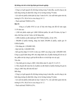 Hệ thống câu hỏi và bài tập Định giá doanh nghiệp
__________________________________________________________________________________________________
29
- Công ty sẽ giữ nguyên tốc độ tăng trưởng trong 5 năm đầu, sau đó công ty dự
kiến tăng trưởng ổn định bền vững với tỷ lệ tăng trưởng 7%/năm.
- Lãi suất trái phiếu chính phủ kỳ hạn 5 năm là 6%. Lãi suất bình quân trên thị
trường là 15%. Hệ số rủi ro của công ty là 1.3.
- Thuế suất thuế TNDN là 25%.
Bài 15:
Công ty cổ phần XYZ có các số liệu trên bảng cân đối kế toán ngày
1/1/N như sau:
- 1,500 trái phiếu mệnh giá 1,000 USD/trái phiếu, lãi suất 9%/năm, kỳ hạn 5
năm, thời hạn còn lại 2 năm, trả lãi hàng năm.
- 1,000 cổ phiếu ưu đãi mệnh giá 100 VND/cổ phiếu, cổ tức 10%.
- 300,000 cổ phiếu thường, đang lưu hành 250,000 cổ phiếu, mệnh giá 10
USD/cổ phiếu.
- Vốn thặng dư 1,250,000 USD.
- Quỹ tích lũy 1,260,000 USD.
- Kết quả thu nhập 31/12/(N-1) như sau: EBIT của công ty đạt 1,600,000 USD.
Công ty quyết định dùng 40% thu nhập dành cho cổ phần thường để chi trả cổ
tức, phần còn lại công ty giữ lại để tái đầu tư và trích lập vào các quỹ.
Yêu cầu:
1. Xác định giá trị công ty ABC ở thời điểm năm N, năm N+2 và N+5.
2. Nếu chuyển đổi toàn bộ số cổ phiếu ưu đãi thành cổ phiếu thường thì giá trị
công ty ABC thay đổi như thế nào?
Biết rằng:
- Công ty sẽ giữ nguyên tốc độ tăng trưởng trong 6 năm đầu, sau đó công ty dự
kiến tăng trưởng ổn định bền vững với tỷ lệ tăng trưởng 5%/năm.
- Lãi suất trái phiếu chính phủ kỳ hạn 5 năm là 7%. Lãi suất bình quân trên thị
trường là 16%. Hệ số rủi ro của công ty là 1.2.
- Thuế suất thuế TNDN là 25%.
 