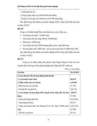 Hệ thống câu hỏi và bài tập Định giá doanh nghiệp
__________________________________________________________________________________________________
9
3. Tình hình tài trợ:
- Công ty thực hiện vay NHTM 600 triệu đồng.
- Công ty trả nợ gốc các khoản nợ cũ là 500 triệu đồng.
Xác định dòng tiền thuần của doanh nghiệp FCFF, dòng tiền thuần của chủ
sở hữu- FCFE?
Bài 18:
Công ty Cổ phần Hạnh Phúc năm hiện tại có các số liệu sau:
• Lợi nhuận sau thuế : 12.000 triệu
• Các khoản chi tiêu tăng TSCĐ: 10.000 triệu
• Khấu hao : 8.000 triệu
• Các khoản chi tiêu TSNH không phải là tiền: tăng 500 triệu
• Nợ mới phát sinh 5.000 triệu , trả nợ gốc trong năm là 4.000 triệu USD.
Xác định dòng tiền thuần của doanh nghiệp FCFF, dòng tiền thuần của chủ
sở hữu- FCFE?
Bài 19:
Công ty cổ phần Bóng đèn phích nước Rạng Đông có báo cáo lưu
chuyển tiền tệ (rút gọn) theo phương pháp gián tiếp năm 2011 như sau:
Đơn vị: triệu đồng
Chỉ tiêu 31/12/2011
I. Lưu chuyển tiền từ hoạt động kinh doanh
1. Lợi nhuận trước thuế
2. Điều chỉnh cho các khoản
- Khấu hao tài sản cố định
- Chi phí lãi vay phải trả
3. Lợi nhuận từ hoạt động kinh doanh trước thay đổi vốn lưu
động
- Giảm các khoản phải thu
- Tăng hàng tồn kho
- Tăng các khoản phải trả( không kể lãi vay, thuế TNDN phải
nộp)
- Tiền lãi vay đã trả
80.639
149.908
47.170
102.738
230.547
37.486
(153.389)
28.213
(102.738)
(9.108)
20.132
 