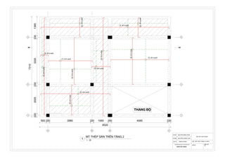 1 1
A B' B C
2 2
3 3
500 220 2980 220 1065 250 4065 220
9520
138523032202302025220
7310
22Ø10a200
25Ø10a200
26Ø10a200
24Ø10a200
23Ø10a200
21Ø10a200
20Ø10a200
14 Ø10 a200
19 Ø10 a200
17 Ø10 a200
18 Ø10 a200
16 Ø10 a200
15 Ø10 a200
THANG BỘ
11
TRƯỜNG ĐẠI HỌC THỦ DẦU MỘT
KHOA XÂY DỰNG
BÀI TẬP CUỐI KHÓA
HDPM: NGUYỄN HOÀNG ANH
SVTH: TRẦN VÕ BẢO LỚP: KẾT CẤU THÁNG 10-2015
BẢN VẼ:
01
MSSV:
GVHD NGUYỄN MINH HÙNG
1 : 25
MT THÉP SÀN TRÊN TẦNG 2
1
 