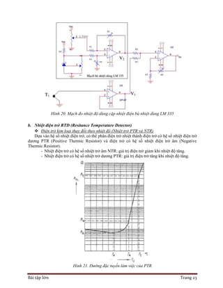 Bài tập lớn Trang 23
Hình 20. Mạch đo nhiệt độ dùng cặp nhiệt điện bù nhiệt dùng LM 335
b. Nhiệt điện trở RTD (Resitance Temperature Detector)
 Điện trở kim loại thay đổi theo nhiệt độ (Nhiệt trở PTR và NTR)
Dựa vào hệ số nhiệt điện trở, có thể phân điện trở nhiệt thành điện trở có hệ số nhiệt điện trở
dương PTR (Positive Thermic Resistor) và điện trở có hệ số nhiệt điện trở âm (Negative
Thermic Resistor).
- Nhiệt điện trở có hệ số nhiệt trở âm NTR: giá trị điện trở giảm khi nhiệt độ tăng.
- Nhiệt điện trở có hệ số nhiệt trở dương PTR: giá trị điện trở tăng khi nhiệt độ tăng.
Hình 21. Đường đặc tuyến làm việc của PTR
 