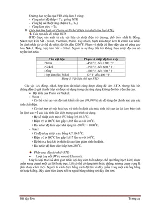Bài tập lớn Trang 24
Đường đặc tuyến của PTR chia làm 3 vùng:
- Vùng nhiệt độ thấp < TA: giống NTR
- Vùng hệ số nhiệt tăng chậm (TA, TN)
- Vùng làm việc > TN
 Điện trở kim loại với Platin và Nickel (Điện trở nhiệt kim loại RTD)
Cấu tạo đầu dò nhiệt RTD
RTD được sản xuất từ các vật liệu có nhiệt điện trở dương, phổ biến nhất là Đồng,
Nikel, hợp kim Sắt – Nikel, Vonfram, Platin. Tuy nhiên, bạch kim được xem là chính xác nhất,
ổn định nhất và có thể đo nhiệt độ lên đến 1200o
F. Phạm vi nhiệt độ làm việc của nó cũng cao
hơn Nikel, Đồng, hợp kim Sắt – Nikel. Ngoài ra sự thay đổi trở kháng theo nhiệt độ của nó
tuyến tính nhất.
Tên vật liệu Phạm vi nhiệt độ làm việc
Platin -450 F đến 1200  F
Nickel -150 F đến 600  F
Đồng -100 F đến 300  F
Hơp kim Sắt/ Nikel 32 F đến 400  F
Bảng 3. Vật liệu chế tạo RTD
Các vật liệu đồng, nikel, hợp kim sắt/nikel cũng được dùng để làm RTD, nhưng hầu hết
chúng đều có giá thành thấp và được sử dụng trong các ứng dụng không đòi hỏi yêu cầu cao.
 Đặt tính của Platin và Nickel:
- Platin :
+ Có thể chế tạo với độ tinh khiết rất cao (99,999%) do đó tăng độ chính xác của các
tính chất điện.
+ Có tính trơ về mặt hoá học và tính ổn định cấu trúc tinh thể cao do đó đảm bảo tính
ổn định cao về các đặc tính dẫn điện trong quá trình sử dụng.
+ Hệ số nhiệt điện trở ở 00
C bằng 3,9.10-3/0
C.
+ Điện trở ở 1000
C lớn gấp 1,385 lần so với ở 00
C.
+ Dải nhiệt độ làm việc khá rộng từ -2000
C ÷ 10000
C.
- Nikel:
+ Có độ nhạy nhiệt cao, bằng 4,7.10-3/0
C.
+ Điện trở ở 1000
C lớn gấp 1,617 lần so với ở 00
C.
+ Dễ bị oxy hoá khi ở nhiệt độ cao làm giảm tính ổn định.
+ Dải nhiệt độ làm việc thấp hơn 2500
C.
Phân loại đầu dò nhiệt RTD
 Loại dây nối (Wire wound Element):
Đây là loại thiết kế đơn giản nhất, sợi dây cảm biến (được chế tạo bằng bạch kim) được
quấn xung quanh một cái lõi hoặc trục. Lõi có thể có dạng tròn hoặc phẳng, nhưng quan trọng là
phải được cách điện. Người ta cách điện bằng cách đặt lõi và dây quấn trong một cái ống bằng
sứ hoặc kiếng. Dây cảm biến được nối ra ngoài bằng những sợi dây lớn hơn.
 