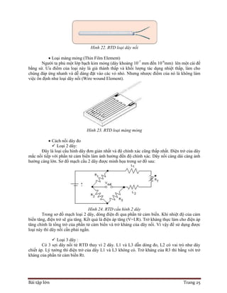 Bài tập lớn Trang 25
Hình 22. RTD loại dây nối
 Loại màng mỏng (Thin Film Element)
Người ta phủ một lớp bạch kim mỏng (dày khoảng 10-7
mm đến 10-6
mm) lên một cái đế
bằng sứ. Ưu điểm của loại này là giá thành thấp và khối lượng tác dụng nhiệt thấp, làm cho
chúng đáp ứng nhanh và dễ dàng đặt vào các vỏ nhỏ. Nhưng nhược điểm của nó là không làm
việc ổn định như loại dây nối (Wire wound Element).
Hình 23. RTD loại màng mỏng
 Cách nối dây đo
 Loại 2 dây:
Đây là loại cấu hình dây đơn giản nhất và độ chính xác cũng thấp nhất. Điện trở của dây
mắc nối tiếp với phần tử cảm biến làm ảnh hưởng đến độ chính xác. Dây nối càng dài càng ảnh
hưởng càng lớn. Sơ đồ mạch cầu 2 dây được minh họa trong sơ đồ sau:
Hình 24. RTD cấu hình 2 dây
Trong sơ đồ mạch loại 2 dây, dòng điện đi qua phần tử cảm biến. Khi nhiệt độ của cảm
biến tăng, điện trở sẽ gia tăng. Kết quả là điện áp tăng (V=I.R). Trở kháng thực làm cho điện áp
tăng chính là tổng trở của phần tử cảm biến và trở kháng của dây nối. Vì vậy để sử dụng được
loại này thì dây nối cần phải ngắn.
 Loại 3 dây :
Có 3 sợi dây nối từ RTD thay vì 2 dây. L1 và L3 dẫn dòng đo, L2 có vai trò như dây
chiết áp. Lý tưởng thì điện trở của dây L1 và L3 không có. Trở kháng của R3 thì bằng với trở
kháng của phần tử cảm biến Rt.
 