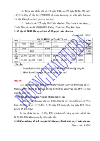 1.2. Trong các phiếu chi số 311 ngày 2/12, số 327 ngày 12/12, 332 ngày
14/12 với tổng số tiền là 35.900.000đ về khoản tạm ứng cho nhân viên thu mua
vật liệu không kèm theo giấy xin tạm ứng.
        1.3. Lệnh chi số 372 ngày 20/12 chi cho hợp đồng kinh tế với công ty
Thuận Phát, số tiền là 30.000.000đ, không có bản hợp đồng kèm theo.
2. Số liệu từ 21/12 đến ngày khoá sổ để quyết toán như sau
                                                                 Đơn vị tính: 1000đ
                           Ghi Có TK 111 ghi Nợ các TK sau:
Ngày                                                                            Cộng
           151      152     153     154      155      157      213      315
 21       7.000    4.000   3.000                                                14.000
 22                5.000                    6.000                               11.000
 23       3.000                    6.000             3.000                      12.000
 24                4.000                                               5.000     9.000
 25                                                           18.000            18.000
Cộng    20.000    25.000   8.000   21.000   24.000   20.000   18.000   60.000
 Đối
        17.000    23.000   7.000            24.000   20.000   18.000   60.000
chiếu
Yêu cầu:
        1. Anh (chị) hãy tiếp tục các công việc còn lại đến khâu lập bảng kê
        2. Hình thành kiến nghị để chuẩn bị lập báo cáo?


Bài 10:
        Một kiểm toán viên được giao nhiệm vụ kiểm toán viên trên bảng kê số 1
tháng 3/2008, nhưng do đột xuất không thể tiếp tục công việc sau 25/3. Tài liệu
giao lại gồm có:
1. "Sổ tay kiểm toán viên" ghi rõ những sai sót sau
        a. Thủ quỹ đã nhận các séc loại 1.000.000đ từ số 13.265 đến số 13.279 và
loại 500.000đ từ số 15.175 đến 15.180 ngày 4/3 nhưng ghi thu ngày 14/3 với số
tiền là 15.000.000đ.
        b. Các phiếu thu số 115, 126, 130, ghi nhận tiền hàng uỷ thác xuất số tiền
là 26.800.000đ không có giấy biên nhận tiền.
2. Số liệu của bảng kê số 1 từ ngày 26/3 đến ngày khoá sổ để quyết toán như sau
                                                                Đơn vị tính: 1.000đ
 