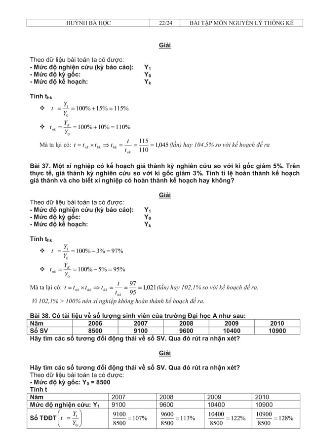 Bài tập và đáp án môn nguyên lý thống kê | PDF