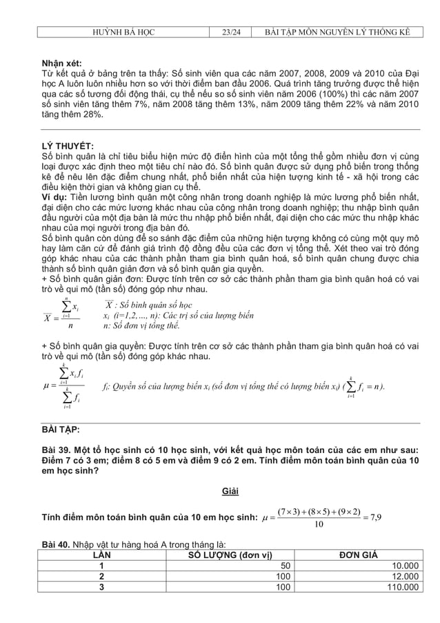 Bài tập và đáp án môn nguyên lý thống kê | PDF