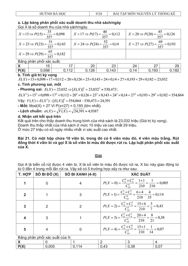 Bài tập và đáp án môn nguyên lý thống kê | PDF