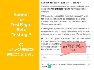 Submit
for
TestFlight
Beta
Testing ?
の
フラグ設定が
逆になってる。
YES にすると
審査に出てしまうので
注意
 