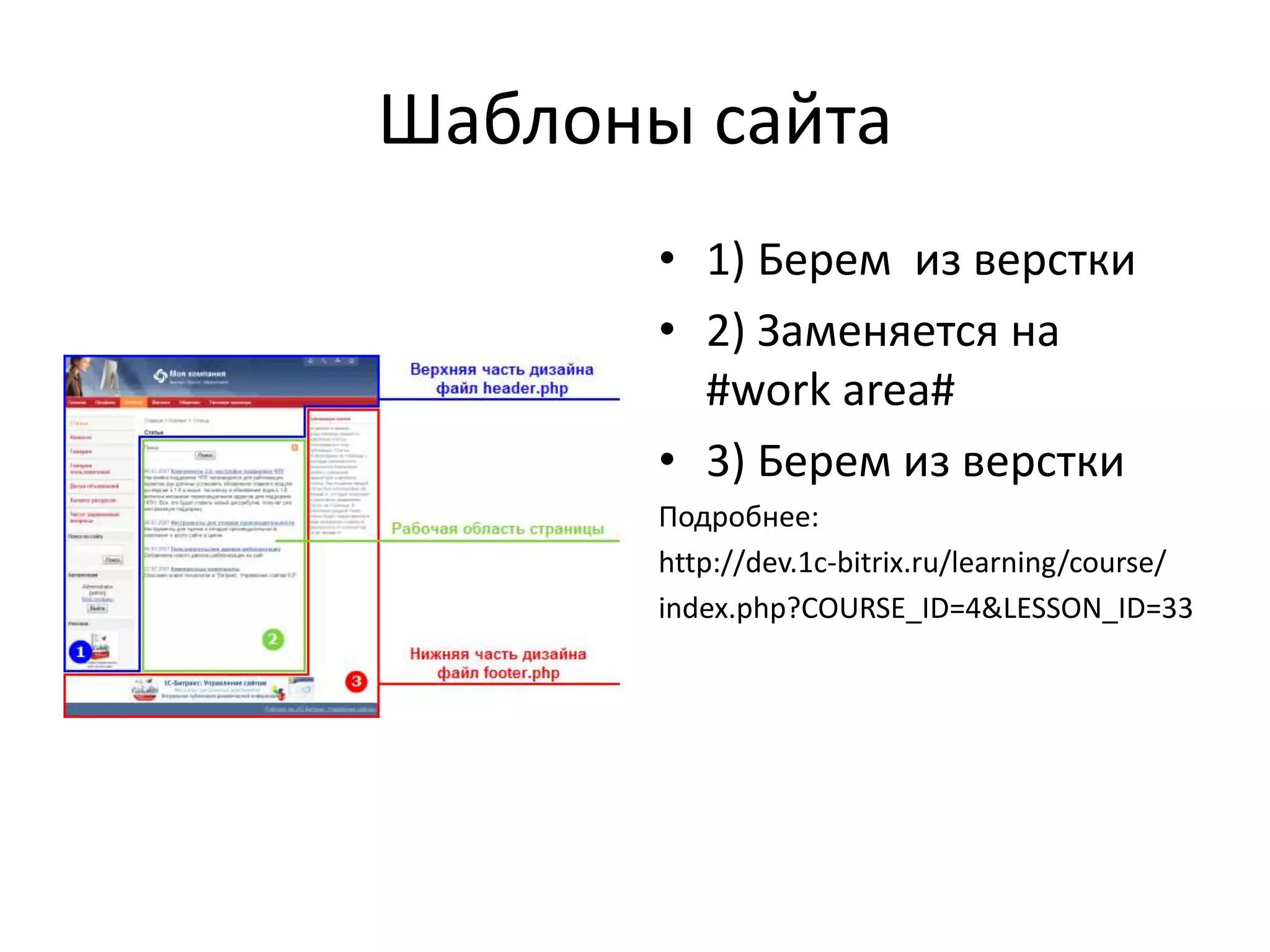 Шаблоны сайта
       • 1) Берем из верстки
       • 2) Заменяется на
         #work area#
       • 3) Берем из верстки
       Подробнее:
       http://dev.1c-bitrix.ru/learning/course/
       index.php?COURSE_ID=4&LESSON_ID=33
 