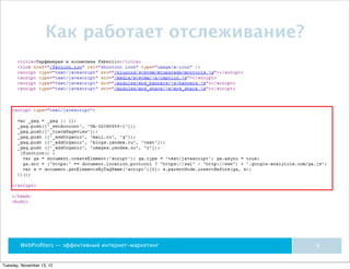 Как работает отслеживание?




        WebProﬁters — эффективный интернет-маркетинг   9


Tuesday, November 13, 12
 