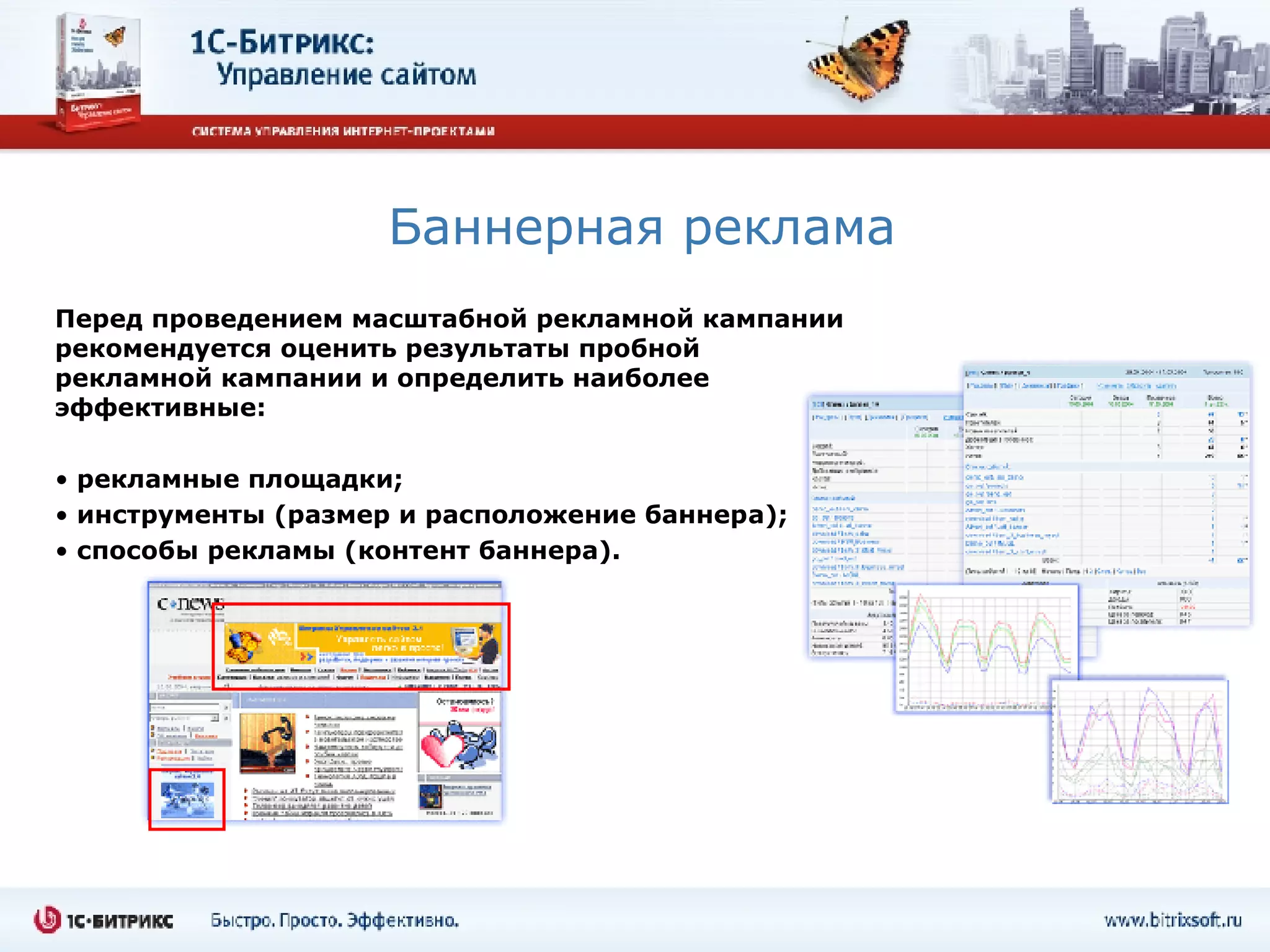 Баннерная реклама Перед проведением масштабной рекламной кампании рекомендуется оценить результаты пробной рекламной кампании и определить наиболее эффективные: рекламные площадки; инструменты (размер и расположение баннера); способы рекламы (контент баннера). 