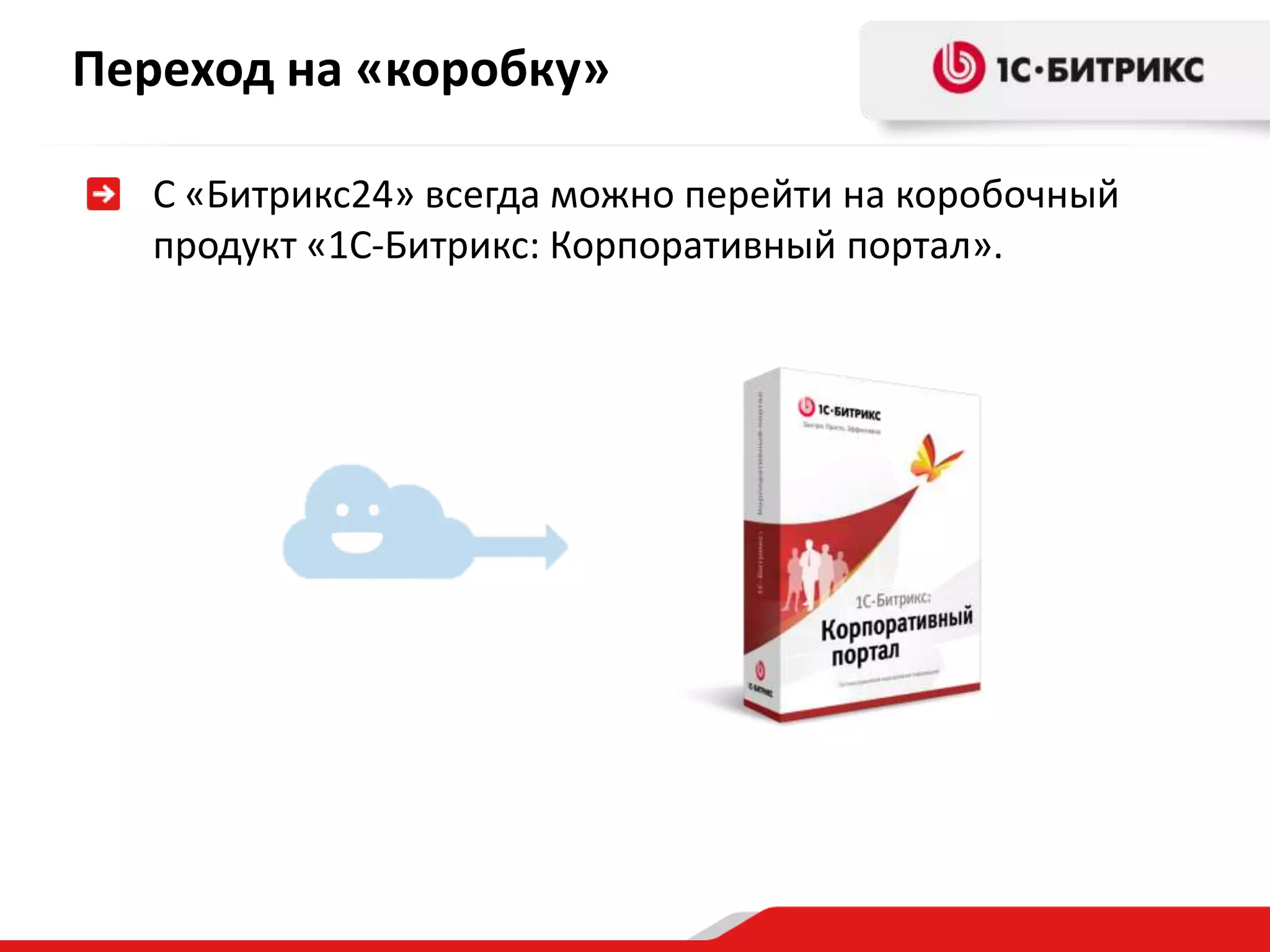 Переход на «коробку»

   С «Битрикс24» всегда можно перейти на коробочный
   продукт «1С-Битрикс: Корпоративный портал».
 