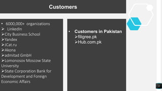 13
Customers
• 6000,000+ organizations
 LinkedIn
City Business School
Yandex
JCat.ru
Akona
admitad GmbH
Lomonosov Moscow State
University
State Corporation Bank for
Development and Foreign
Economic Affairs
• Customers in Pakistan
filigree.pk
Hub.com.pk
 