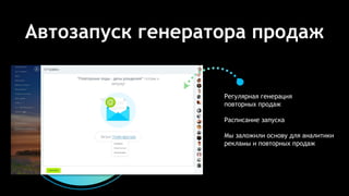 Автозапуск генератора продаж
Регулярная генерация
повторных продаж
Расписание запуска
Мы заложили основу для аналитики
рекламы и повторных продаж
 