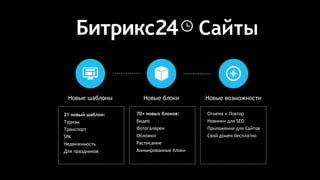 Новые шаблоны Новые блоки Новые возможности
Отмена и Повтор
Новинки для SEO
Приложения для Сайтов
Свой домен бесплатно
70+ новых блоков:
Видео
Фотогалереи
Обложки
Расписание
Анимированные блоки
21 новый шаблон:
Туризм
Транспорт
SPA
Недвижимость
Для праздников
Сайты
 