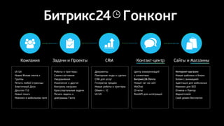 Гонконг
Компания Задачи и Проекты CRM Контакт-центр Сайты и Магазины
UI/UX
Новая Живая лента и
Группы
Печать любой страницы
Эластичный Диск
Десктоп 7.0
Новый поиск
Новинки в мобильном чате
Роботы и триггеры:
Смена состояния
Уведомления
Изменение и другие
Контроль нагрузки
Кросспортальные задачи
Печать задачи и
диаграммы Ганта
Интернет-магазин
Новые шаблоны и блоки
Блоки с анимацией
Адаптация для мобильных
Новинки для SEO
Отмена и Повтор
Маркетплейс
Свой домен бесплатно
Центр коммуникаций
с клиентами
Битрикс24.Почта
Новый чат на сайт
WeChat
Отчеты
RestAPI для интеграций
Документы
Повторные лиды и сделки
CRM для услуг
Генератор продаж
Новые роботы и триггеры
Обмен с 1С
UI/UX
 