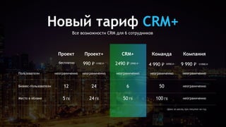 Проект Проект+ CRM+ Команда Компания
Пользователи неограниченно неограниченно неограниченно неограниченно неограниченно
Бизнес-пользователи 12 24 6 50 неограниченно
Место в облаке 5 Гб 24 Гб 50 Гб 100 Гб неограниченно
Новый тариф CRM+
Цена за месяц при покупке на год
бесплатно
Все возможности CRM для 6 сотрудников
1190 ₽990 ₽ 5990 ₽4 990 ₽ 11990 ₽9 990 ₽2990 ₽2490 ₽
 