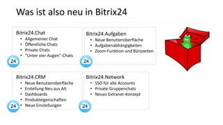 Was ist also neu in Bitrix24
Bitrix24.Chat
• Allgemeiner Chat
• Öffentliche Chats
• Private Chats
• “Unter vier Augen”-Chats
Bitrix24.Aufgaben
• Neue Benutzeroberfläche
• Aufgabenabhängigkeiten
• Zoom-Funktion und Bürozeiten
Bitrix24.CRM
• Neue Benutzeroberfläche
• Erstellung Neu aus Alt
• Dashboards
• Produkteigenschaften
• Neue Einstellungen
Bitrix24.Network
• SSO für alle Accounts
• Private Gruppenchats
• Neues Extranet-Konzept
 