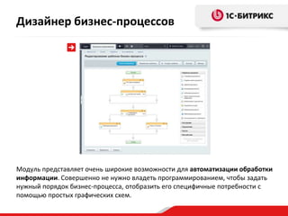 Модуль представляет очень широкие возможности для автоматизации обработки
информации. Совершенно не нужно владеть программированием, чтобы задать
нужный порядок бизнес-процесса, отобразить его специфичные потребности с
помощью простых графических схем.
Дизайнер бизнес-процессов
 