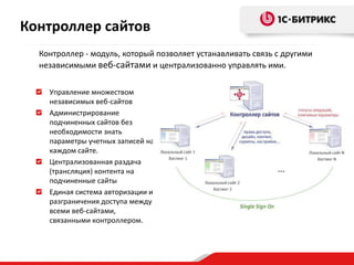 Управление множеством
независимых веб-сайтов
Администрирование
подчиненных сайтов без
необходимости знать
параметры учетных записей на
каждом сайте.
Централизованная раздача
(трансляция) контента на
подчиненные сайты
Единая система авторизации и
разграничения доступа между
всеми веб-сайтами,
связанными контроллером.
Контроллер сайтов
Контроллер - модуль, который позволяет устанавливать связь с другими
независимыми веб-сайтами и централизованно управлять ими.
 