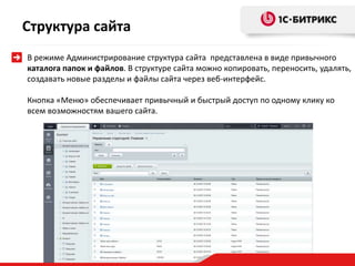 В режиме Администрирование структура сайта представлена в виде привычного
каталога папок и файлов. В структуре сайта можно копировать, переносить, удалять,
создавать новые разделы и файлы сайта через веб-интерфейс.
Кнопка «Меню» обеспечивает привычный и быстрый доступ по одному клику ко
всем возможностям вашего сайта.
Структура сайта
 
